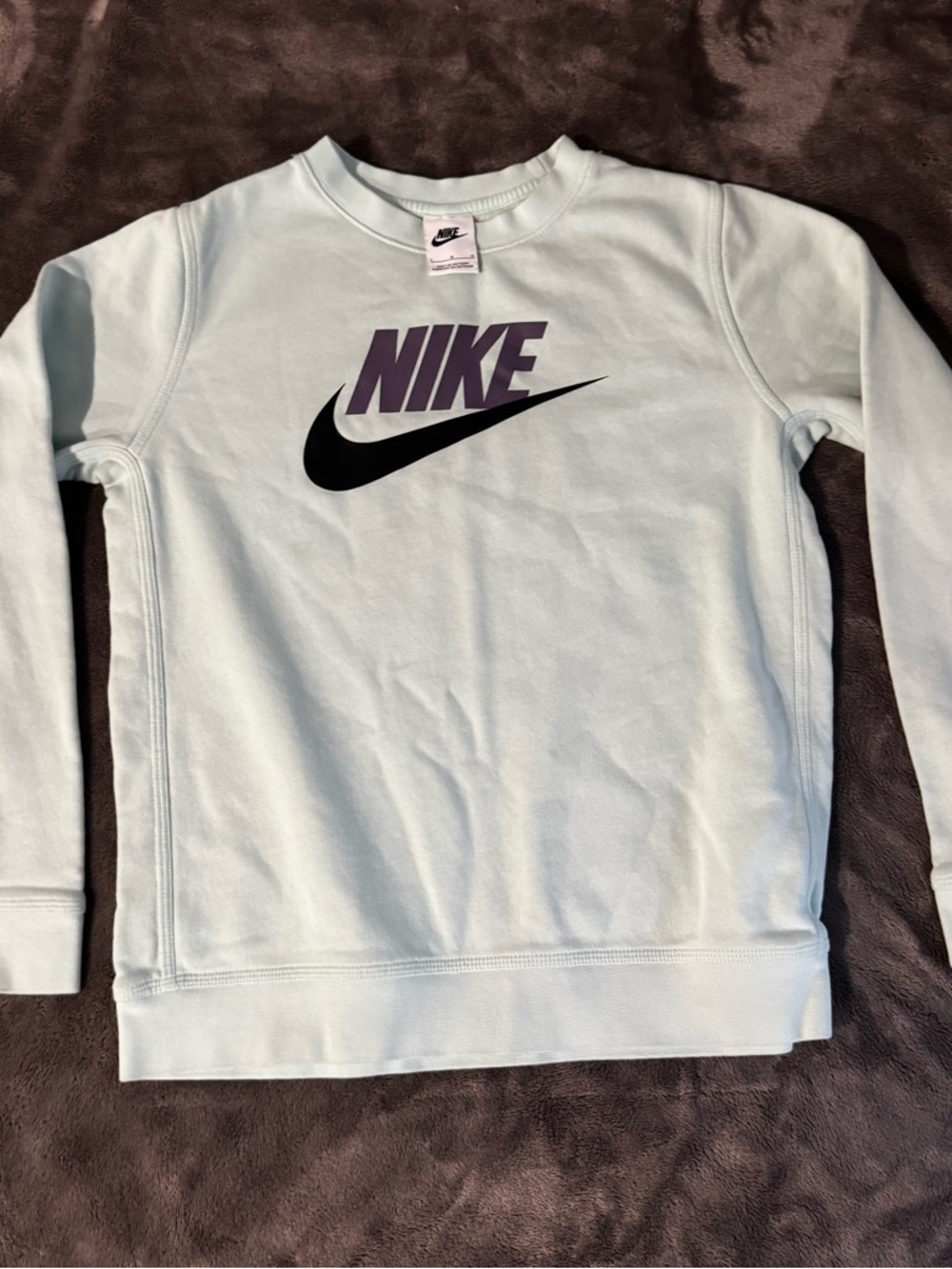 Mint Green Nike Sweatshirt with Black Swoosh and Purple Logo